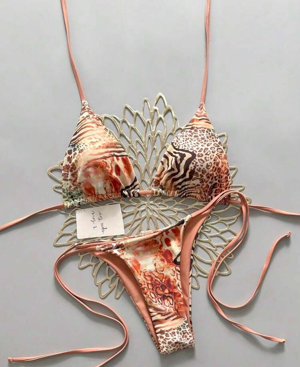 SEXY   Animal Print Halter Triangle Bikini Set with Side Tie Thong Bottoms - L